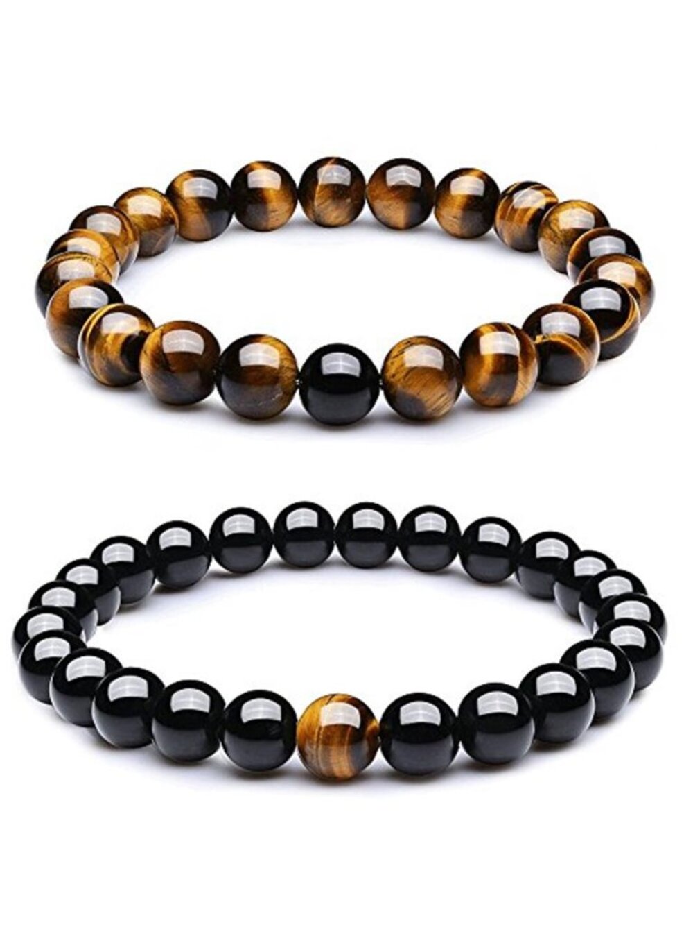 Couples Beaded Stretch Bracelet Set Black Agate Tiger Eye 8mm Stone Beads